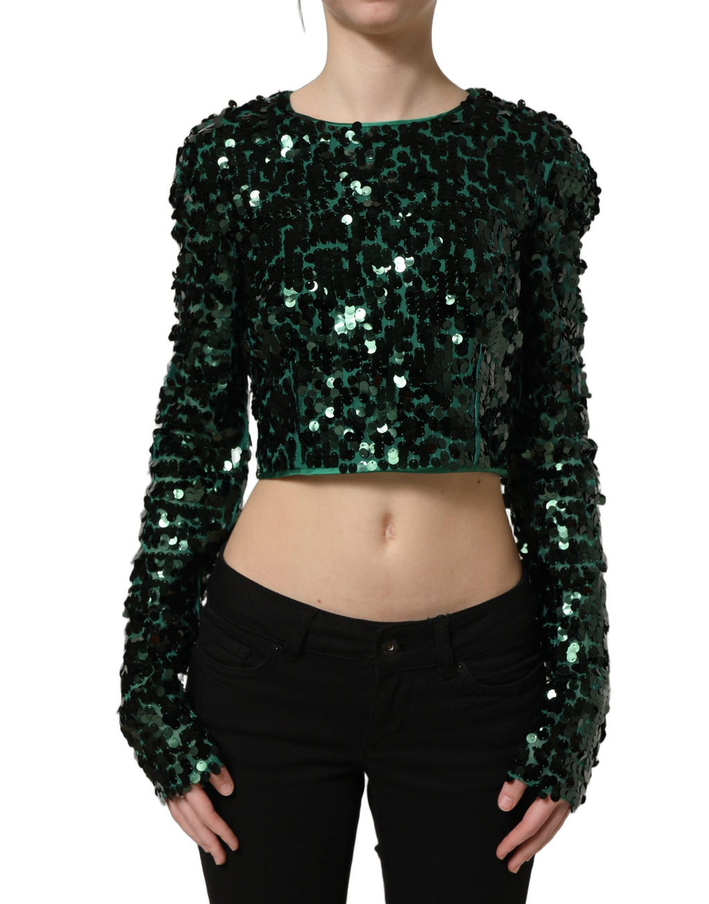 Green Sequined Long Sleeves Crop Blouse Top