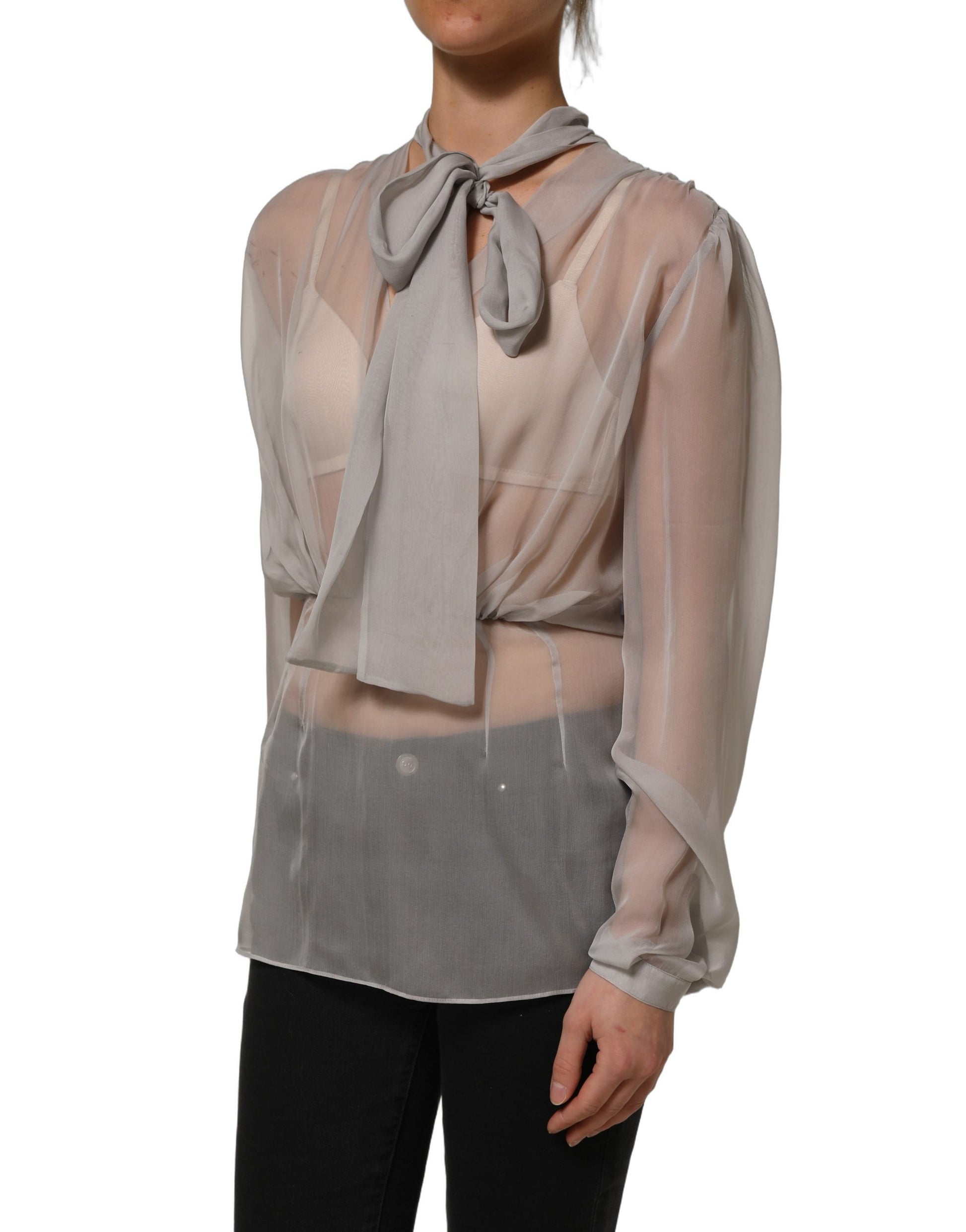 Gray Sheer Silk Chiffon Shirt Bow Collar Top
