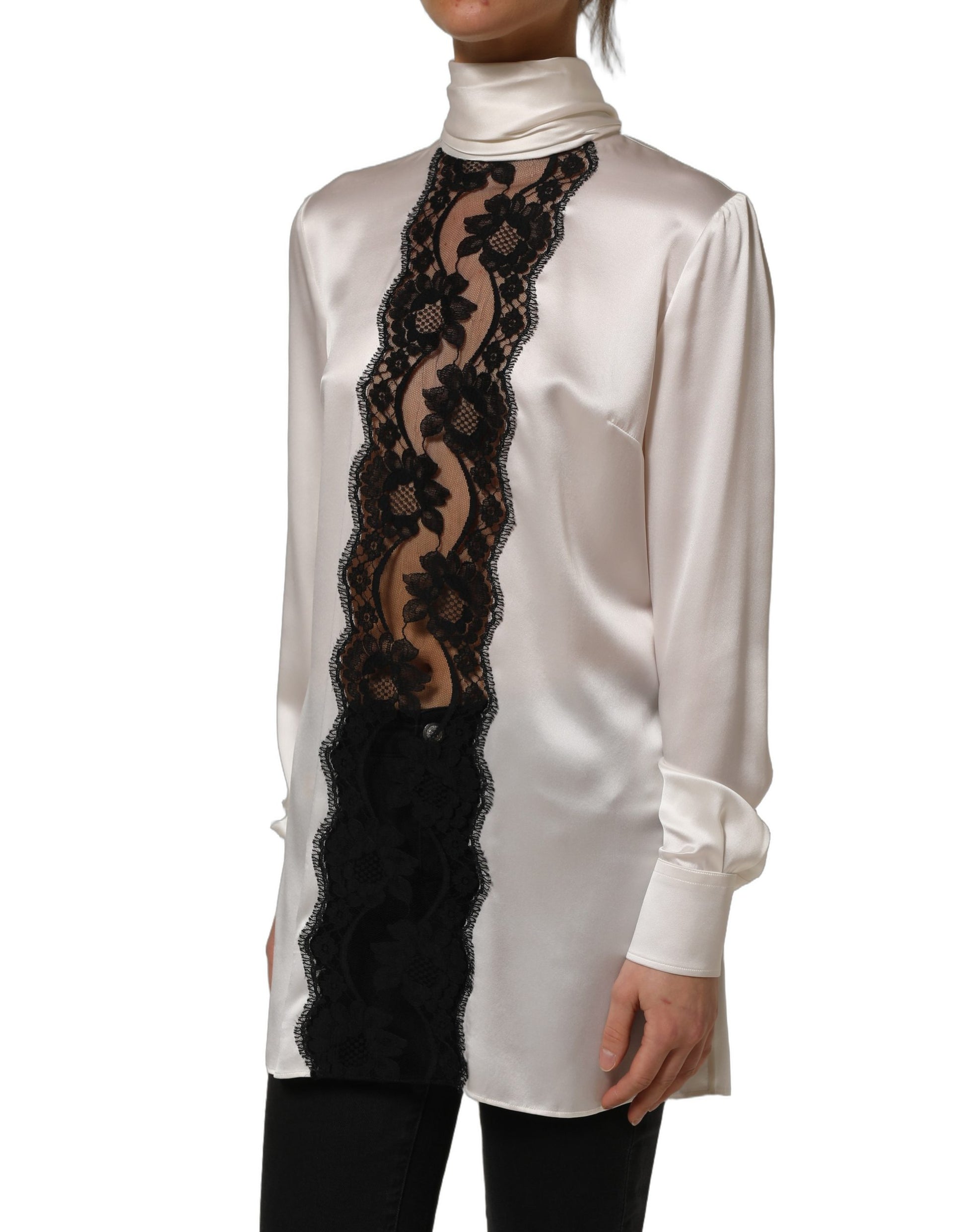White satin Lace Trim LOng Sleeves Blouse Top