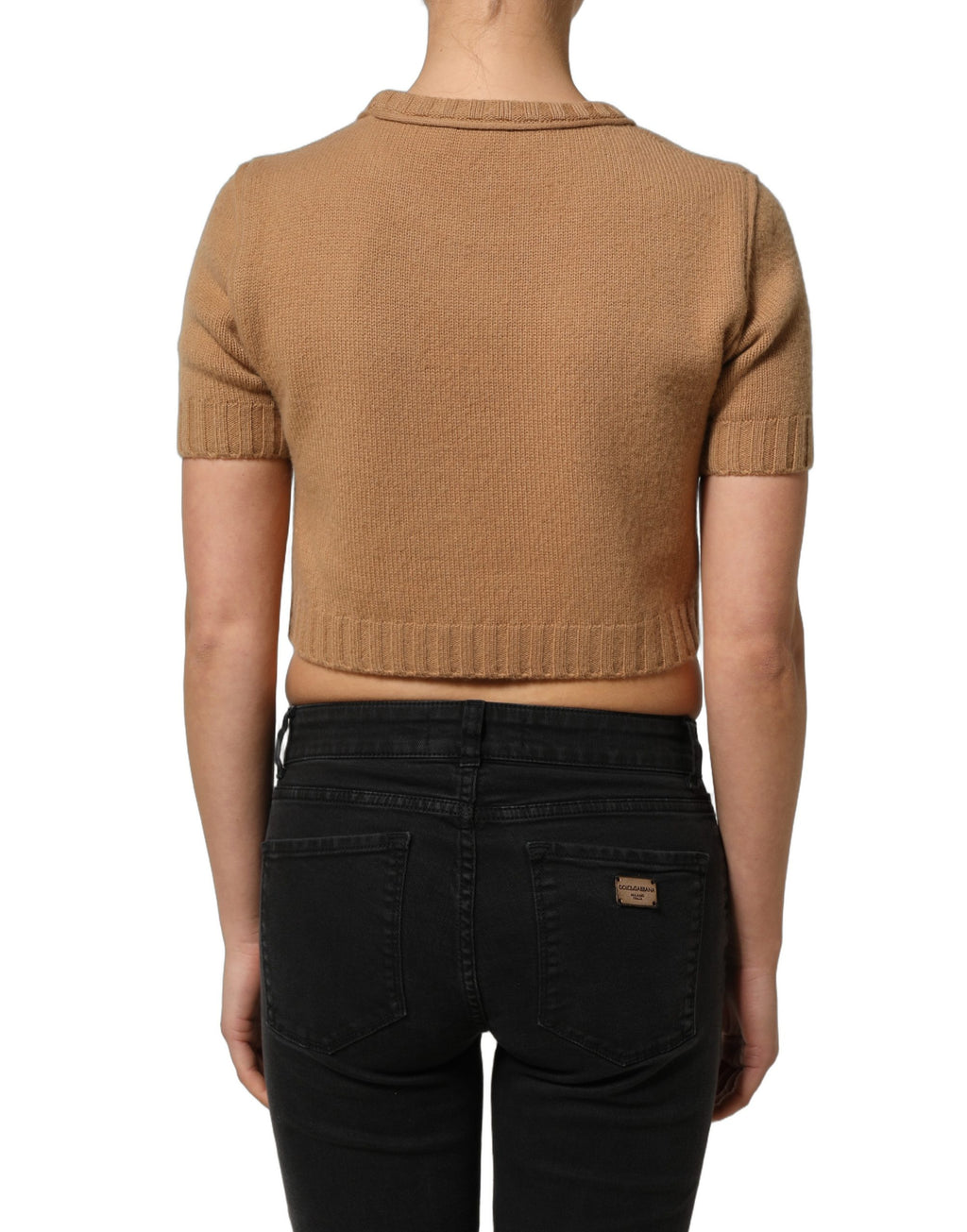 Brown Wool Short Sleeves Cropped Blouse Top