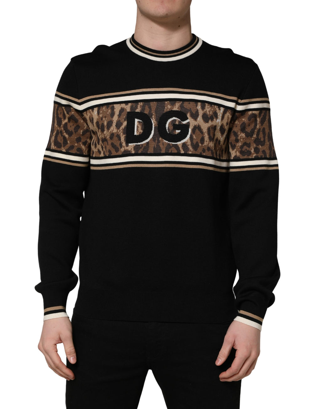 Black Leopard Wool Crew Neck Men Pullover Sweater