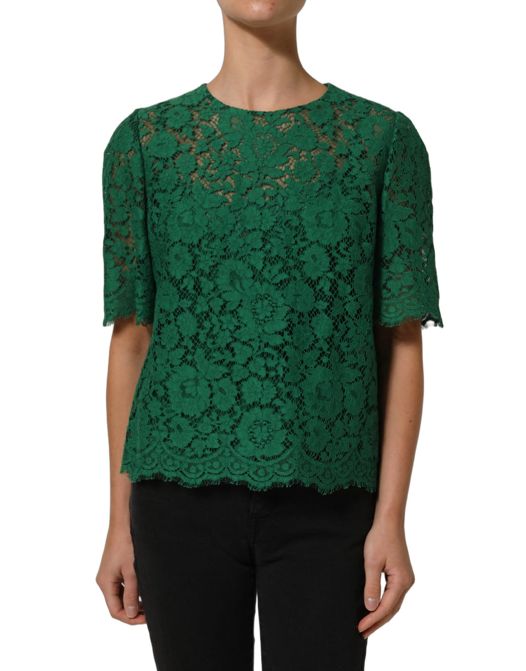 Green Floral Lace Round Neck Blouse Top