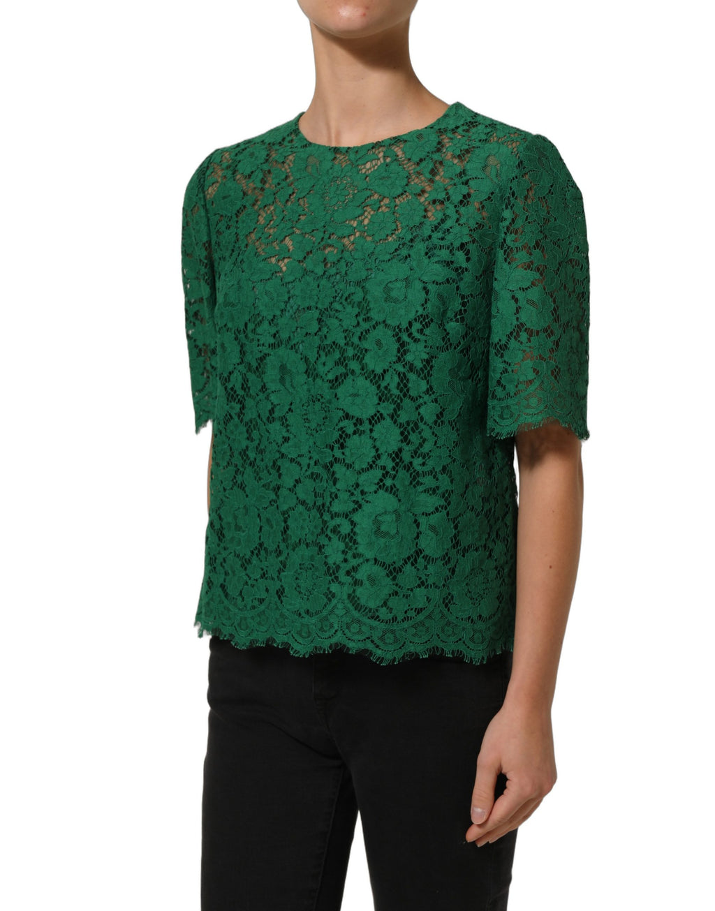Green Floral Lace Round Neck Blouse Top