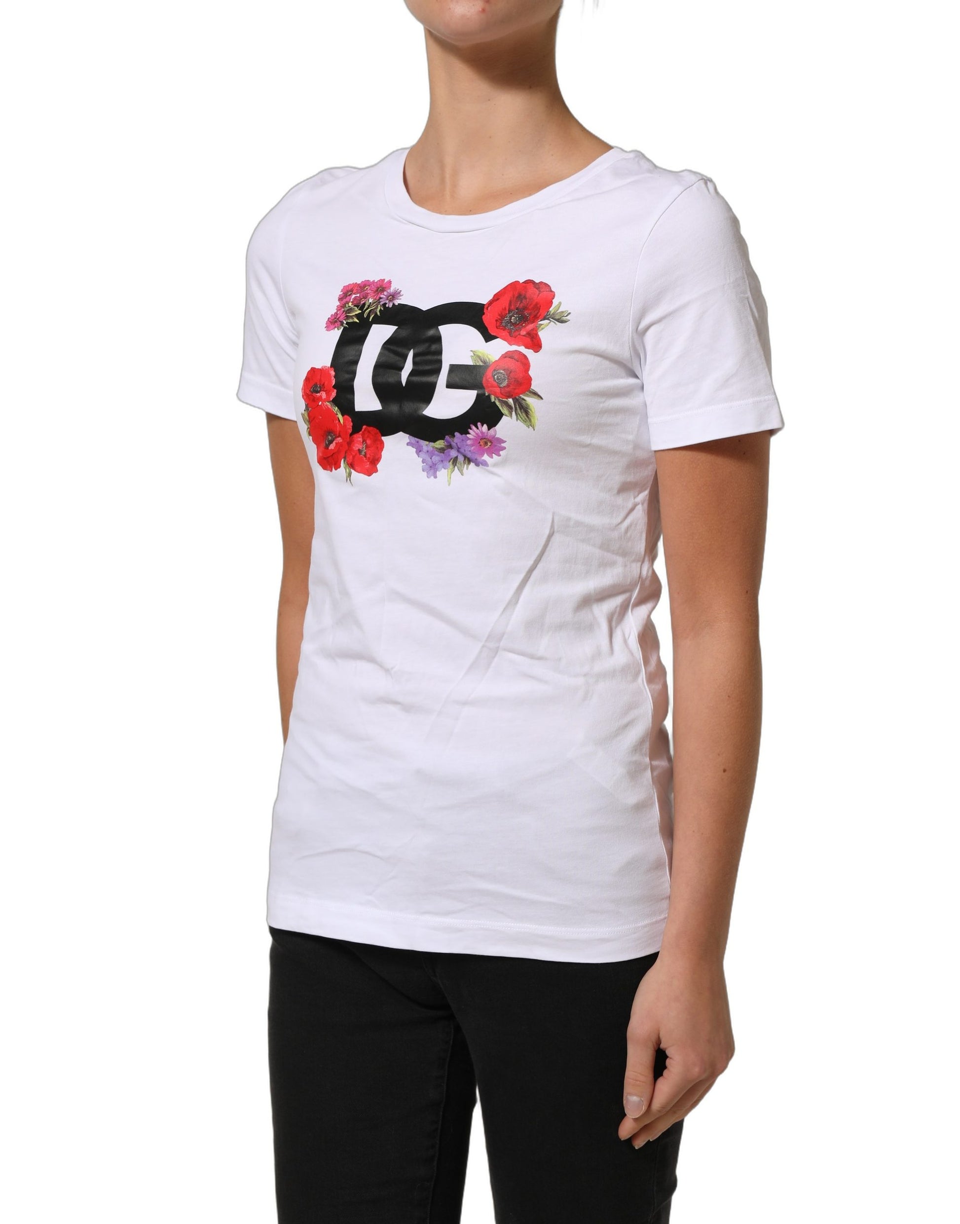 White Floral Logo Cotton Round Neck T-shirt
