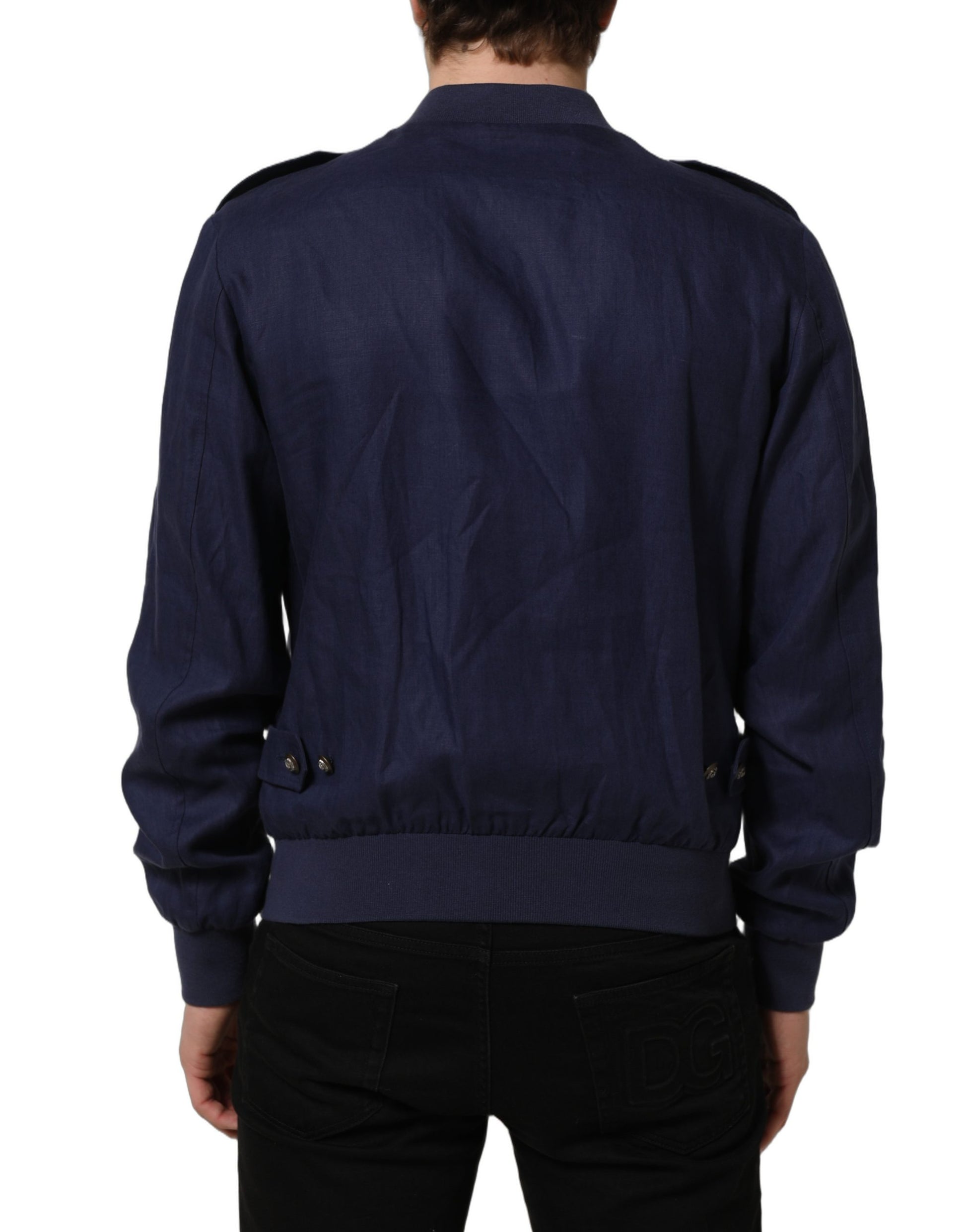 Blue Linen Full Zip Men Bomber Jacket
