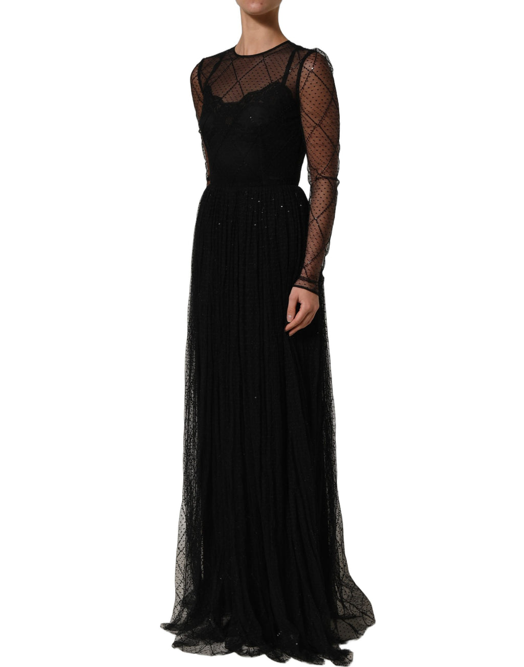 Black Mesh Lace Long Sleeved Maxi Gown Dress