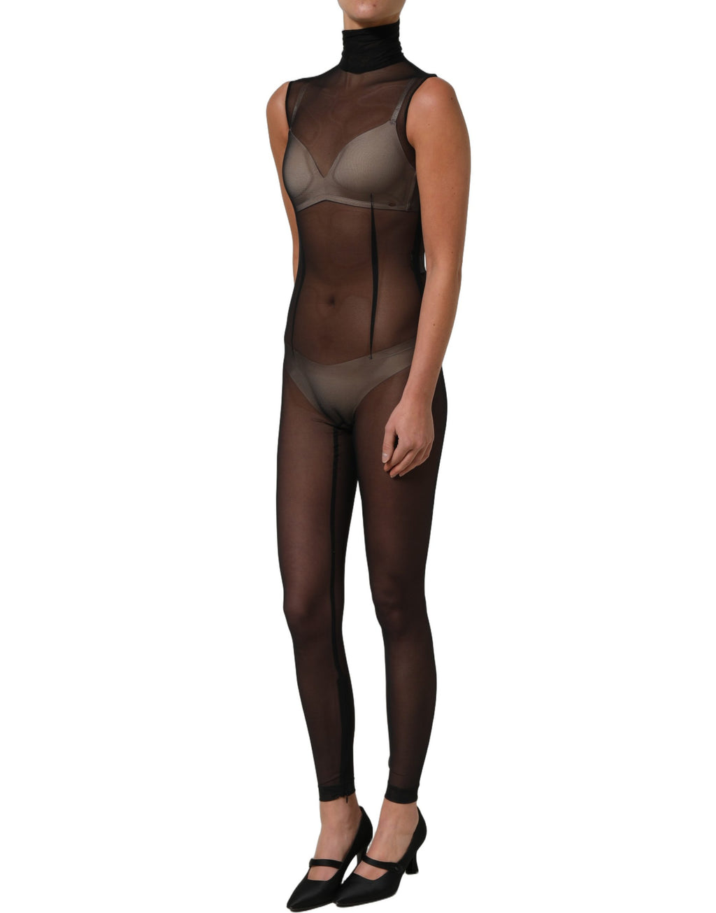 Black Sheer Mesh Jumpsuit Turtleneck Dress