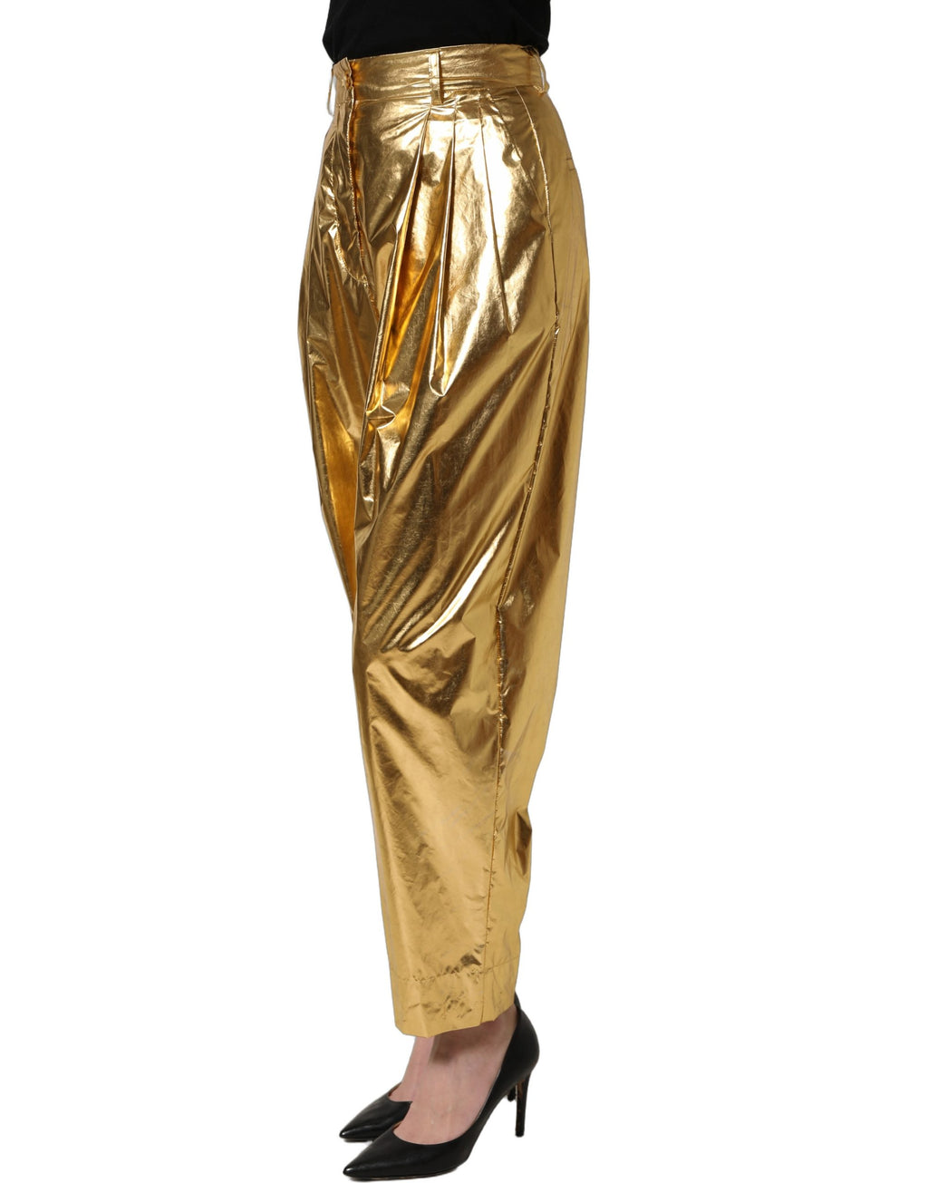 Metallic Gold High Waist Pleated Tapered Pants