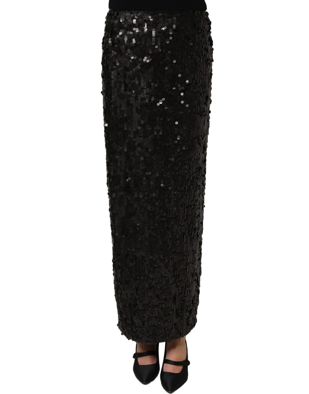 Black Sequin High Waist Pencil Midi Skirt