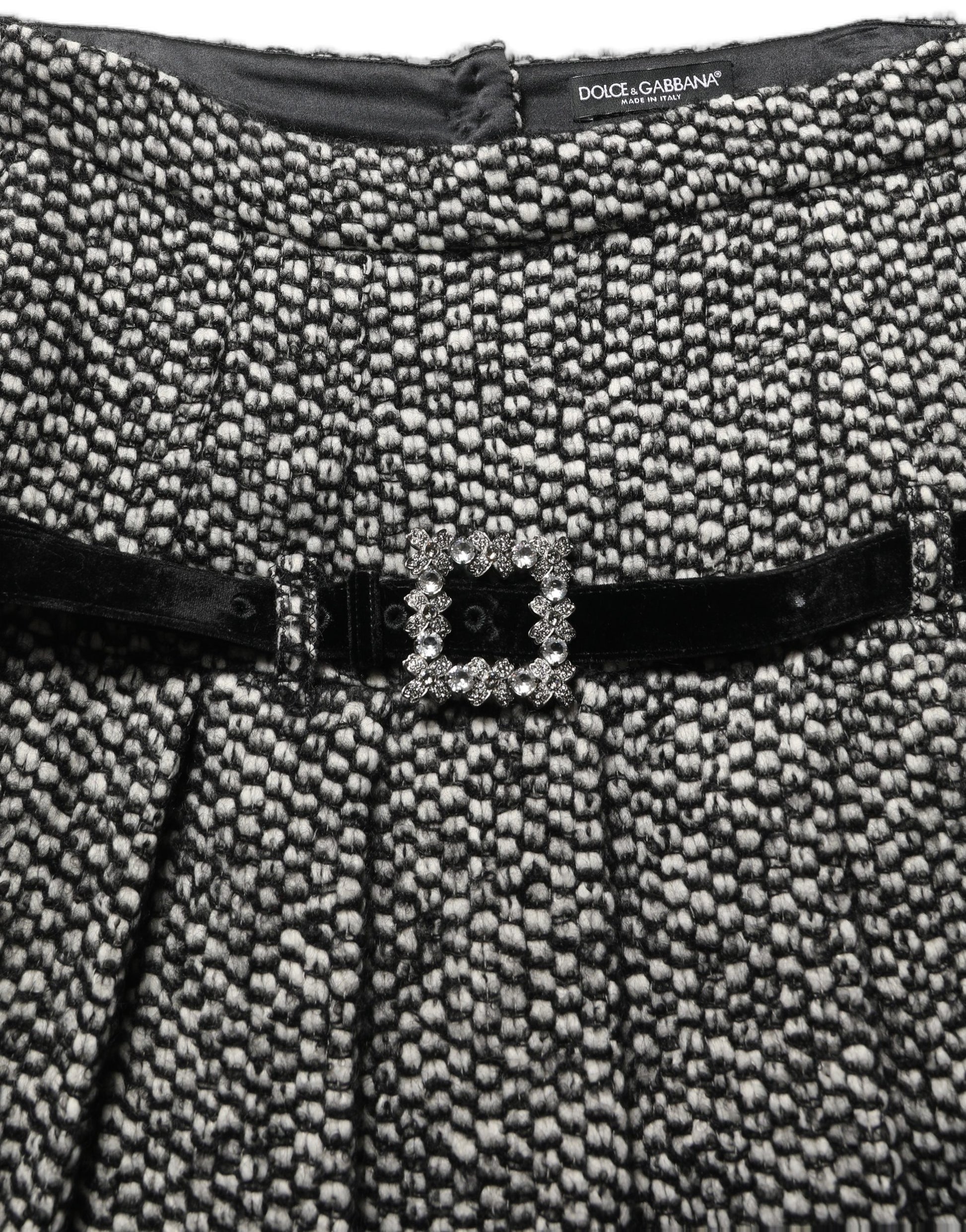 Black White Tweed High Waist Pleated Skirt