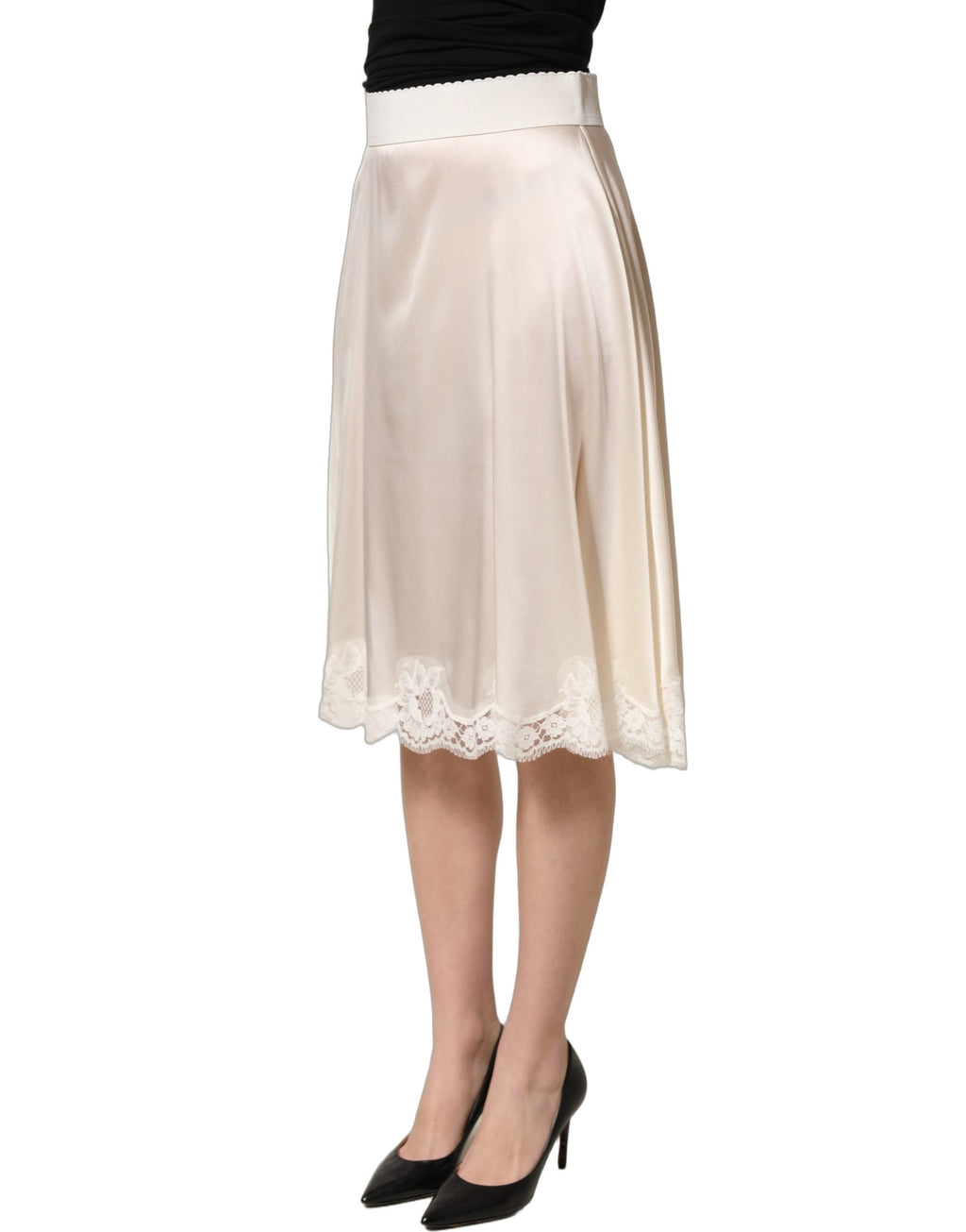 Off White Lace Trimmed Satin High Waist Skirt