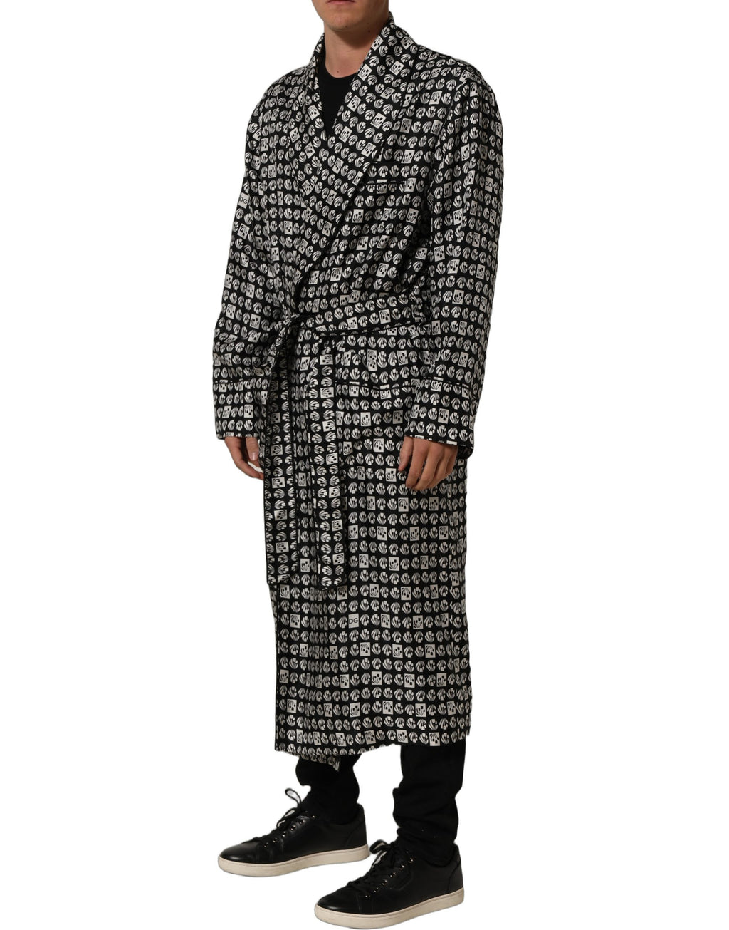Black White Silk Men Wrap Robe Coat Jacket