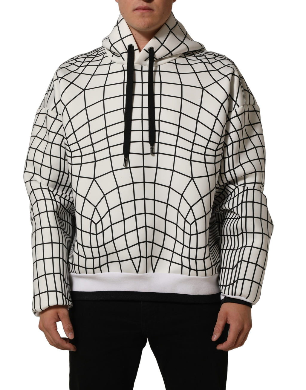 White Black WarpGrid Pattern Hoodie Sweater