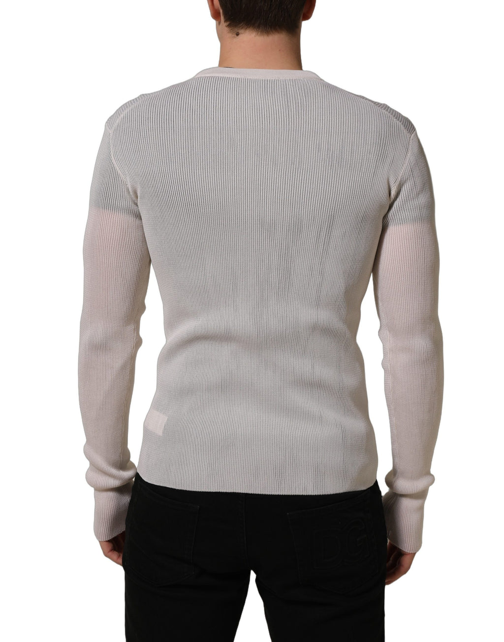 White Silk Crew Neck Men Pullover Sweater