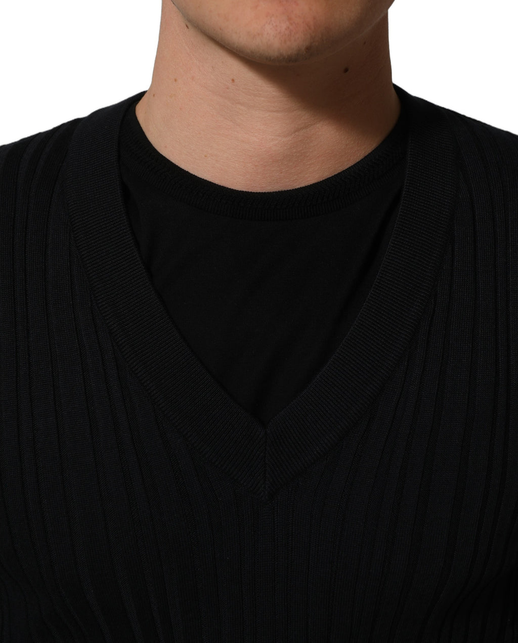 Black Silk Blend V-neck Pullover Men Sweater