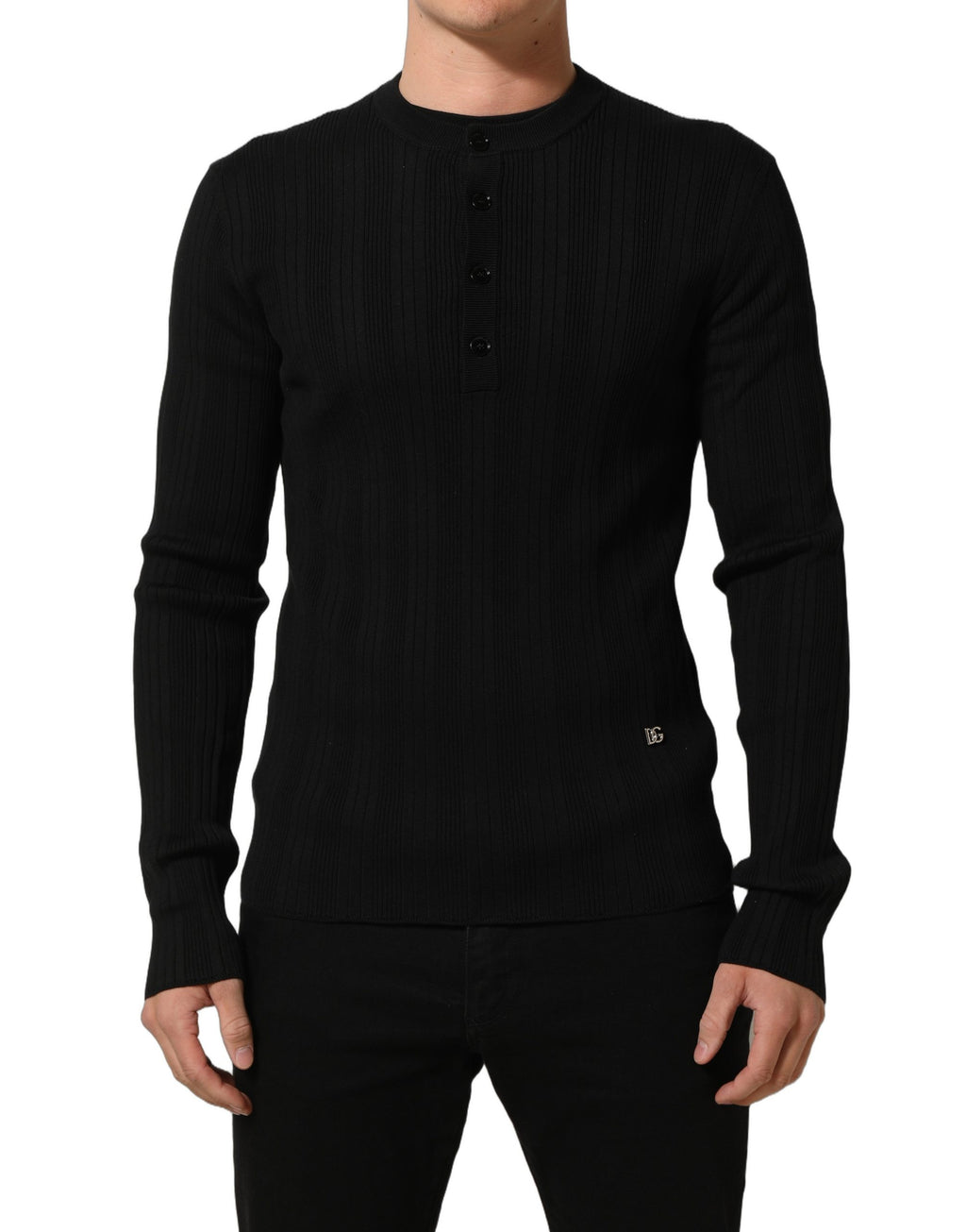 Black Silk Blend Henley Pullover Men Sweater