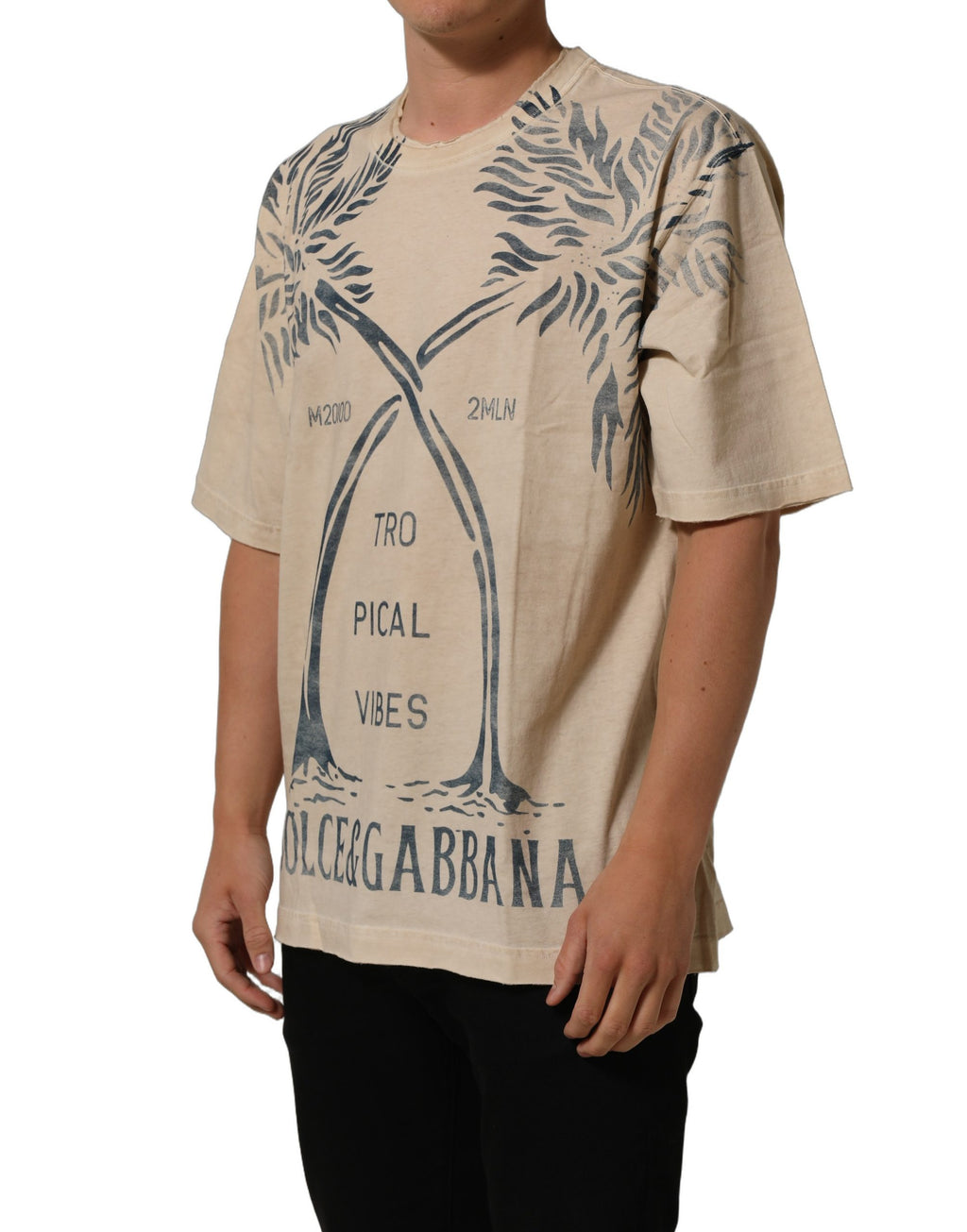Beige Cotton Graphic Print Crew Neck T-shirt