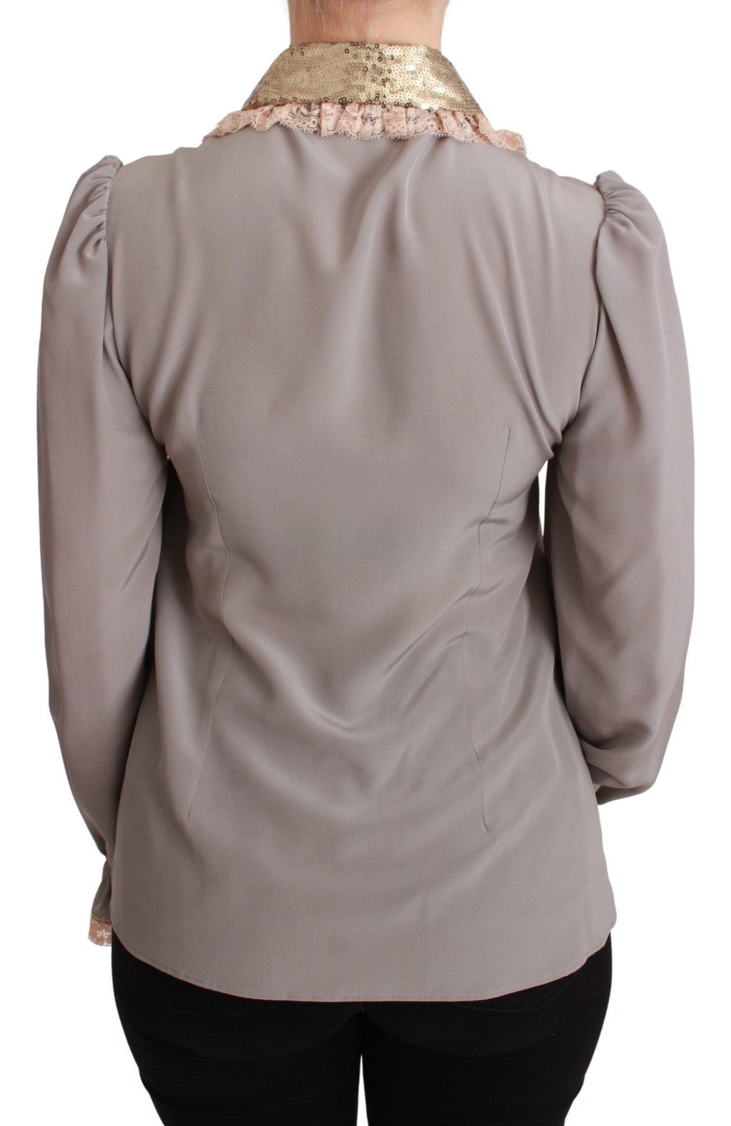Gray Silk Gold Sequin Lace Blouse Shirt