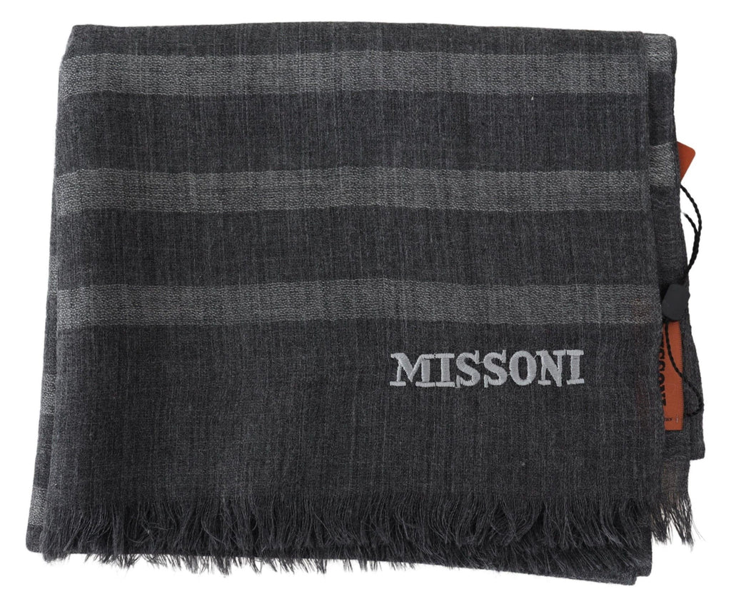 Gray Striped Wool Unisex Neck Wrap Fringes Scarf