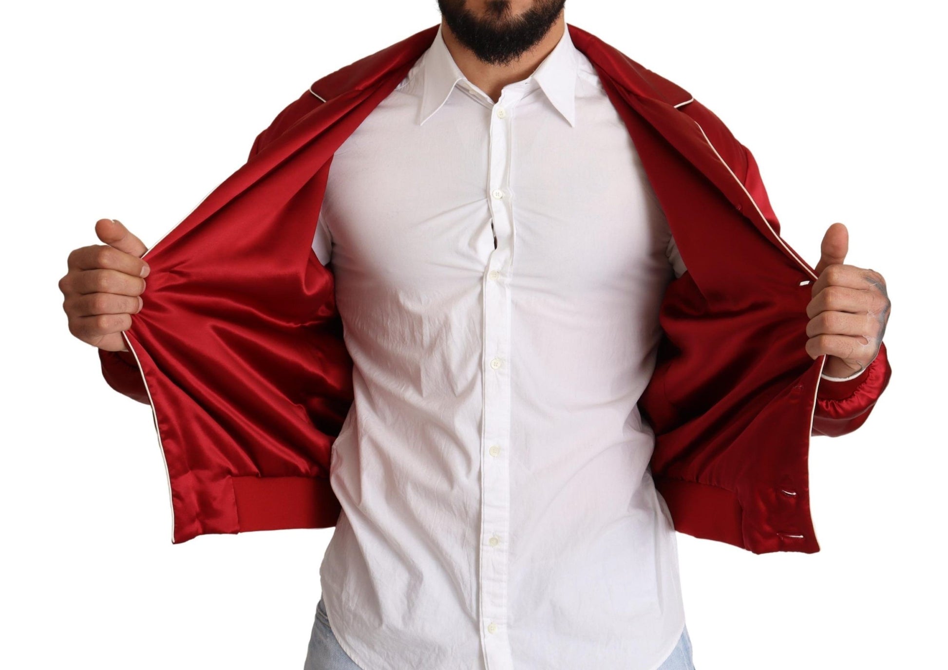 Red Silk Button DG Logo Bomber Jacket