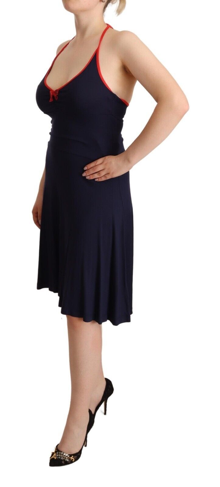 Navy Blue Sleeveless Halter Sheath Midi Dress
