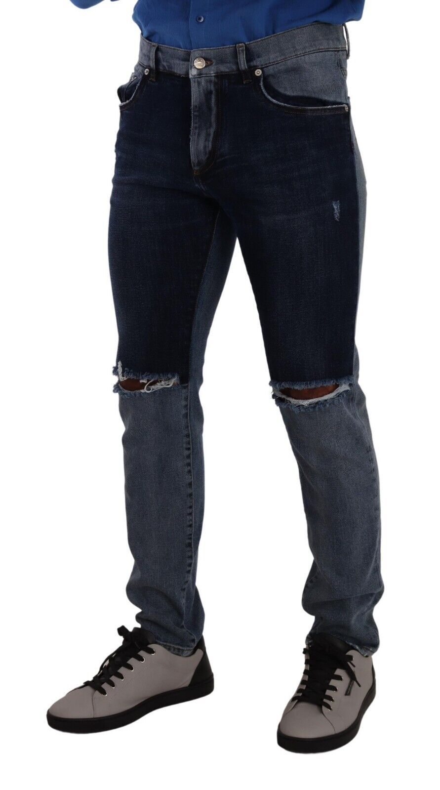 Blue Two Tone Tattered Cotton Slim Denim Jeans