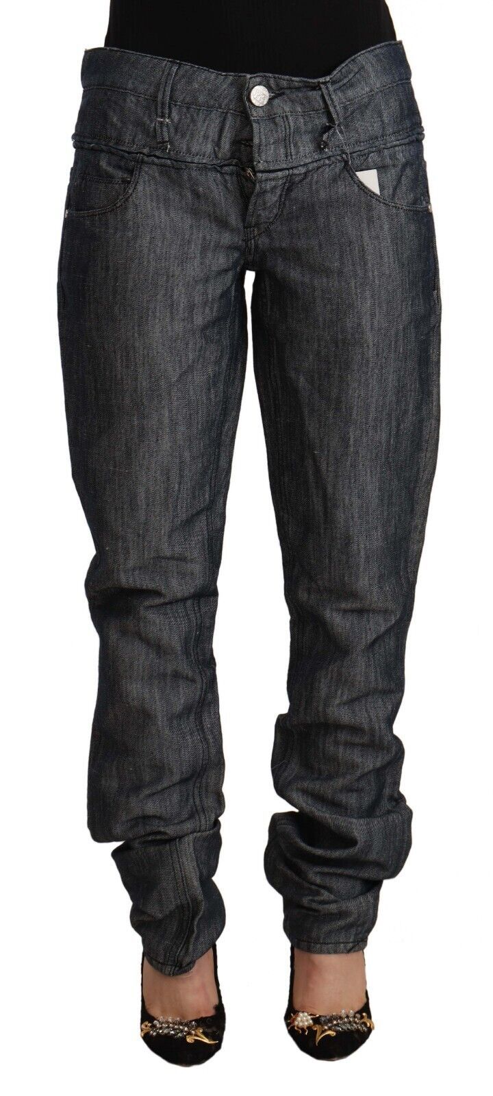Dark Gray Ramie Mid Wide Waist Straight Denim Jeans