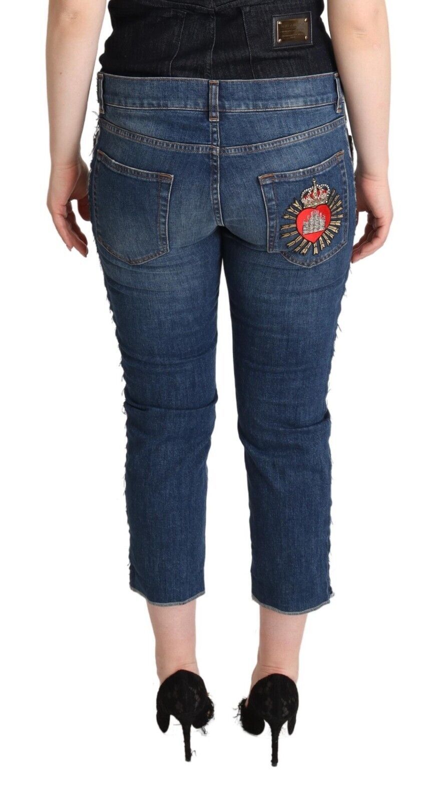Blue Washed Mid Waist Denim Logo Cropped Jeans