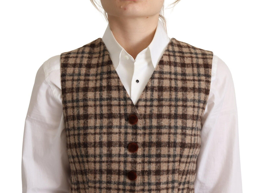 Brown Checkered Leopard V-neck Sleeveless Vest Top