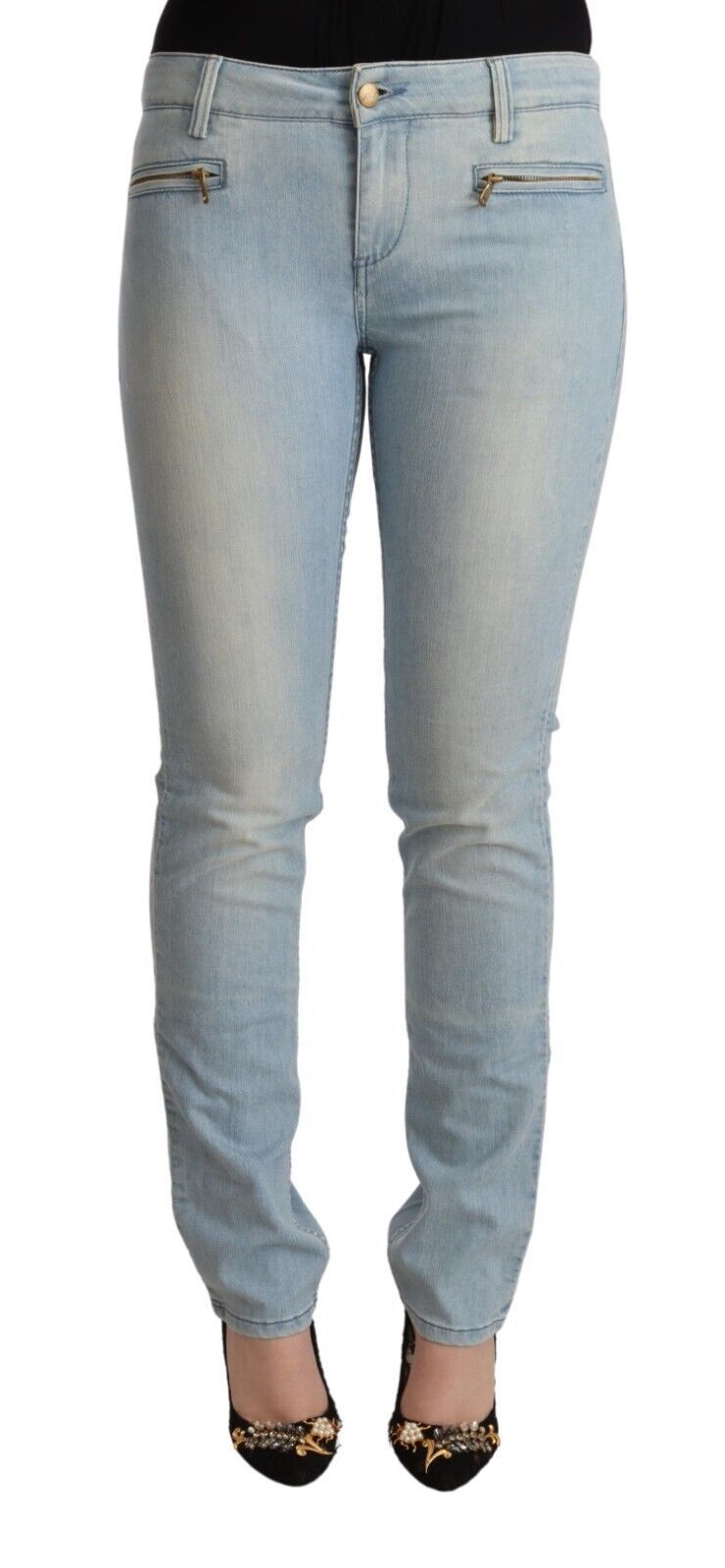 Light Blue Cotton Mid Waist Slim Fit Denim Jeans