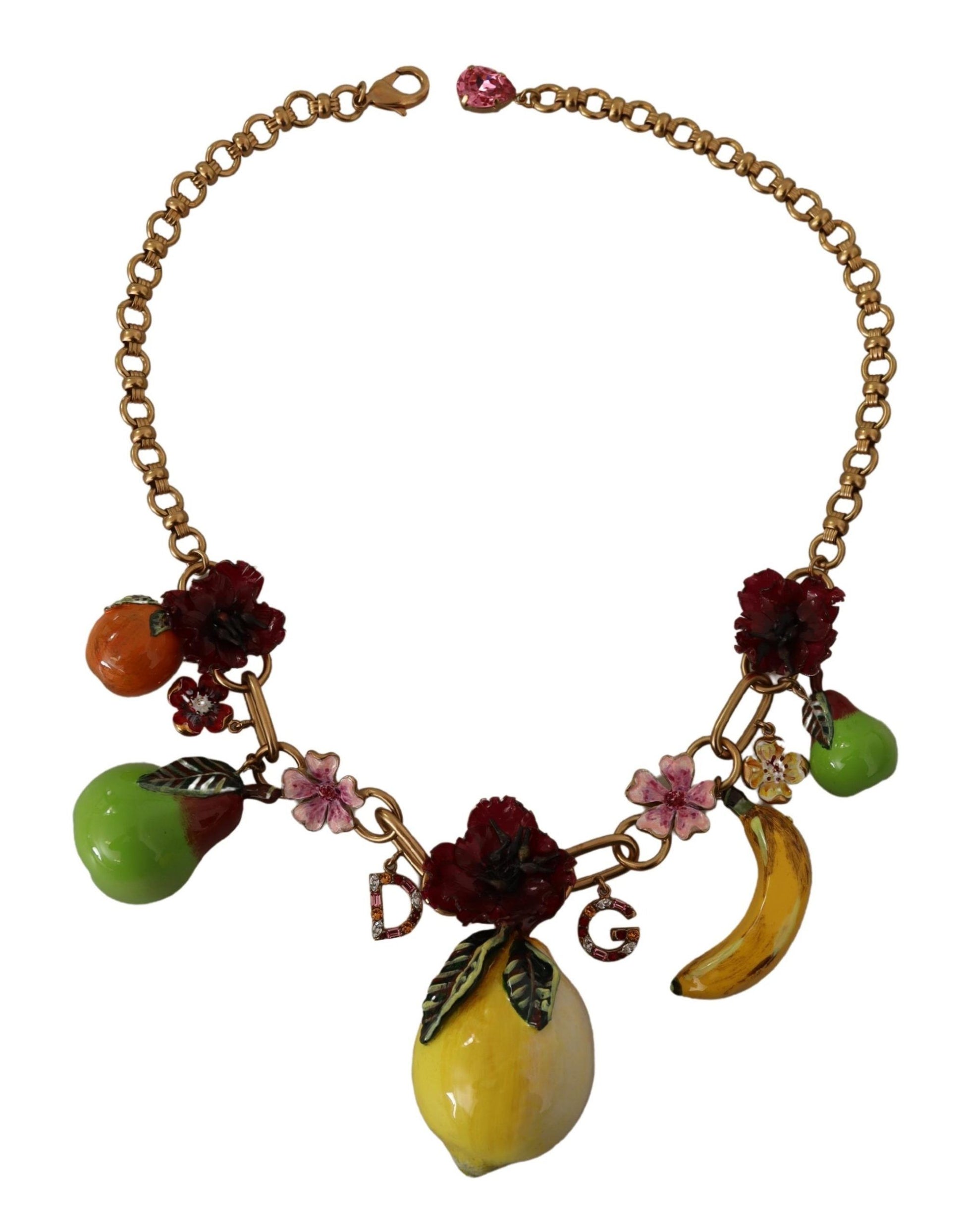 Gold Brass Sicily Fruits Roses Statement Necklace