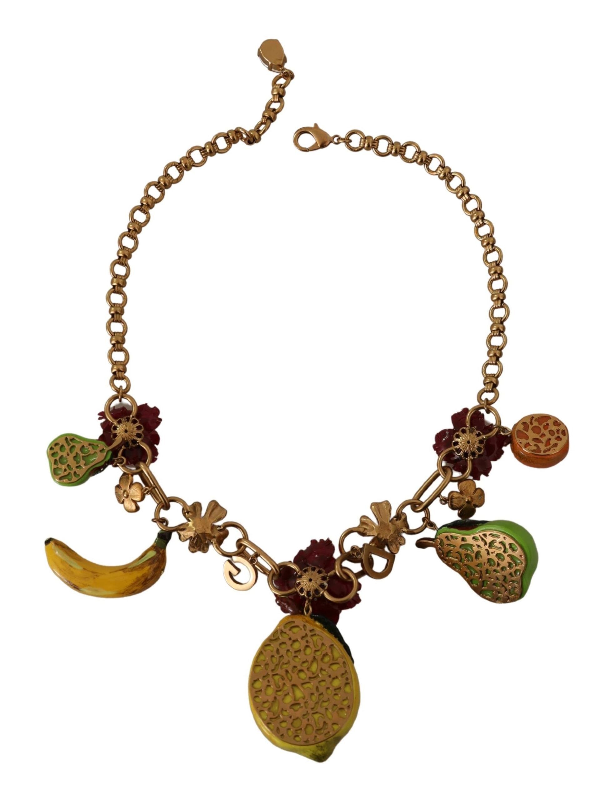 Gold Brass Sicily Fruits Roses Statement Necklace