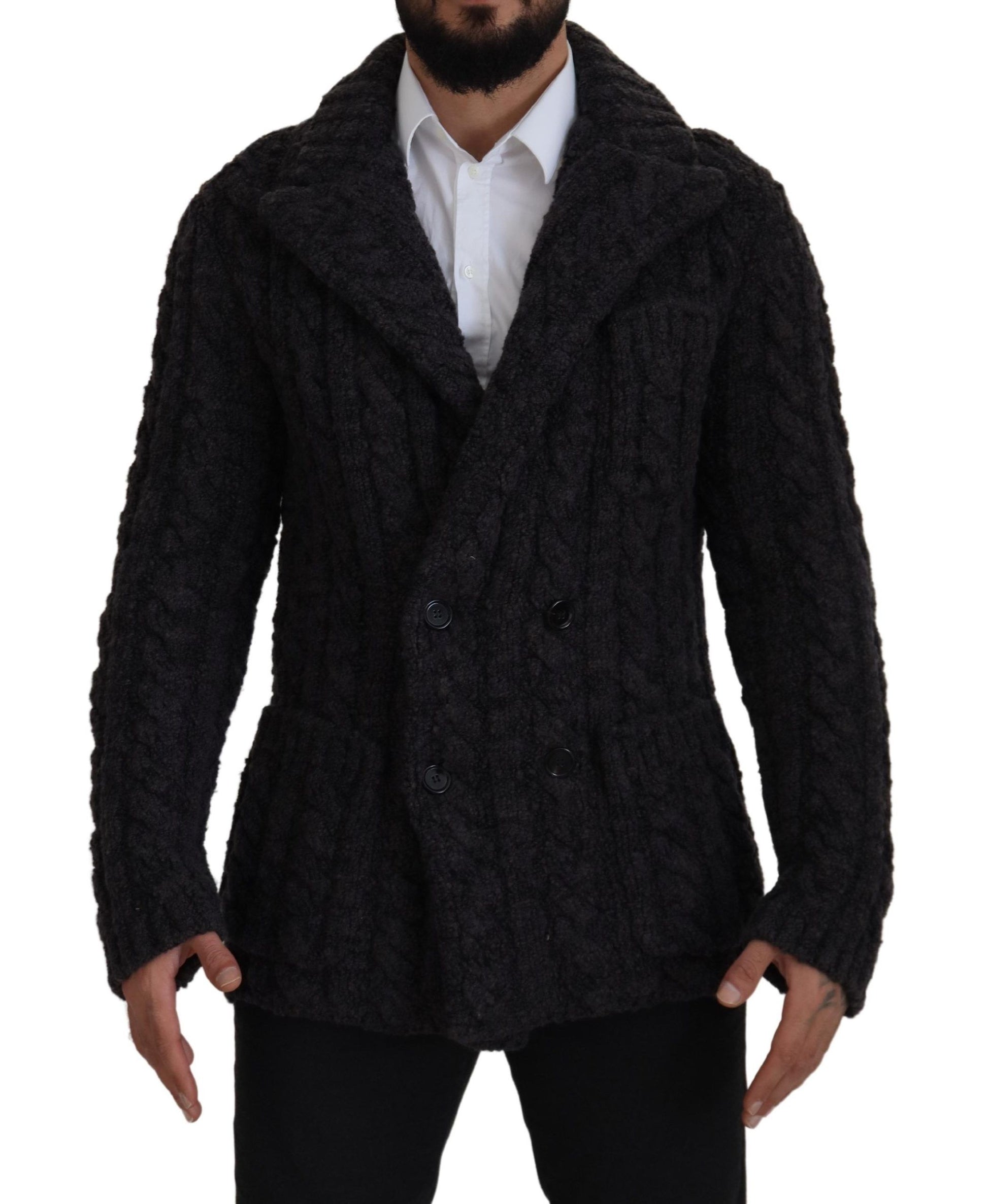 Black Wool Knit Double Breasted Coat Jacket