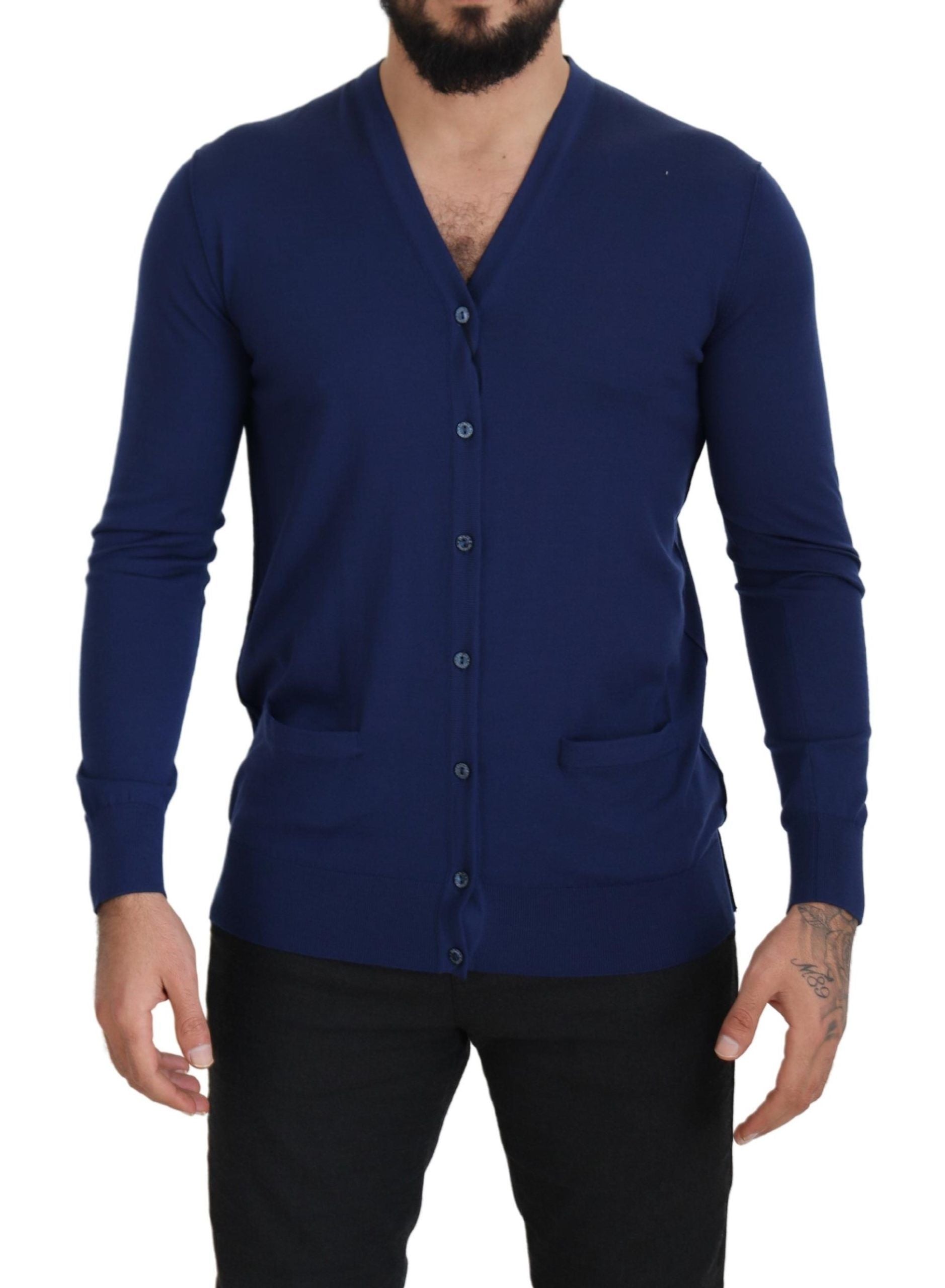 Blue Wool V-neck Button Down Cardigan Sweater