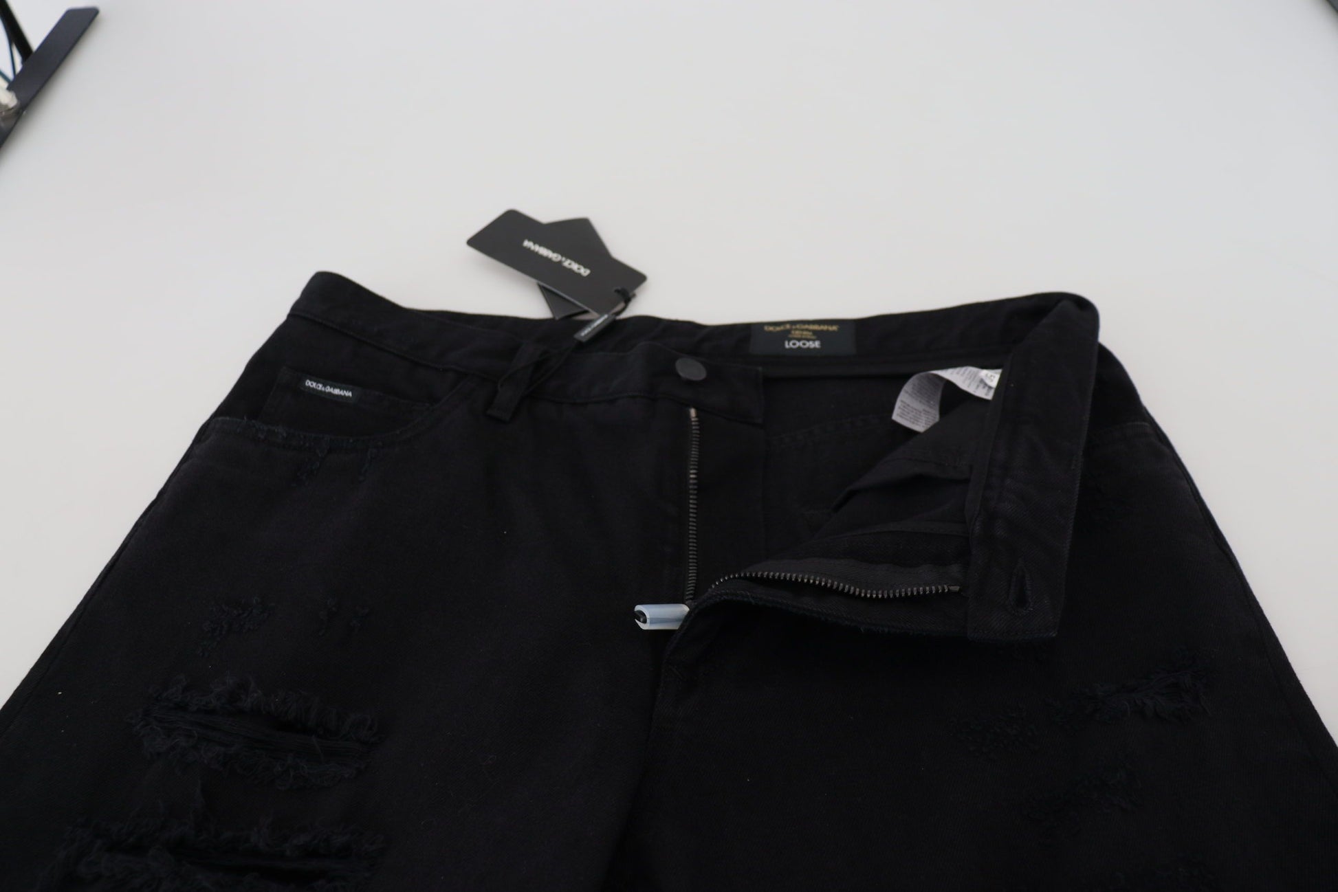 Black Loose Regular Torn Cotton Jeans