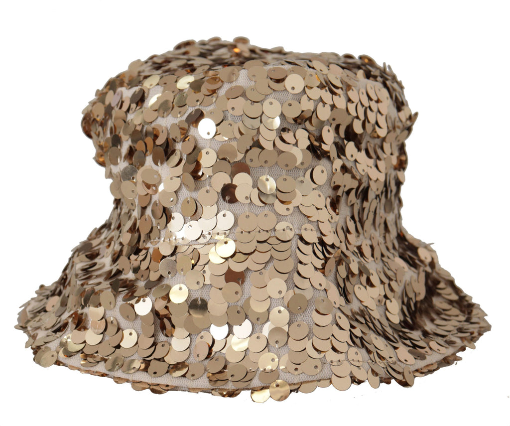 Gold Silk Sequin Embellished Designer Brim Bucket Hat