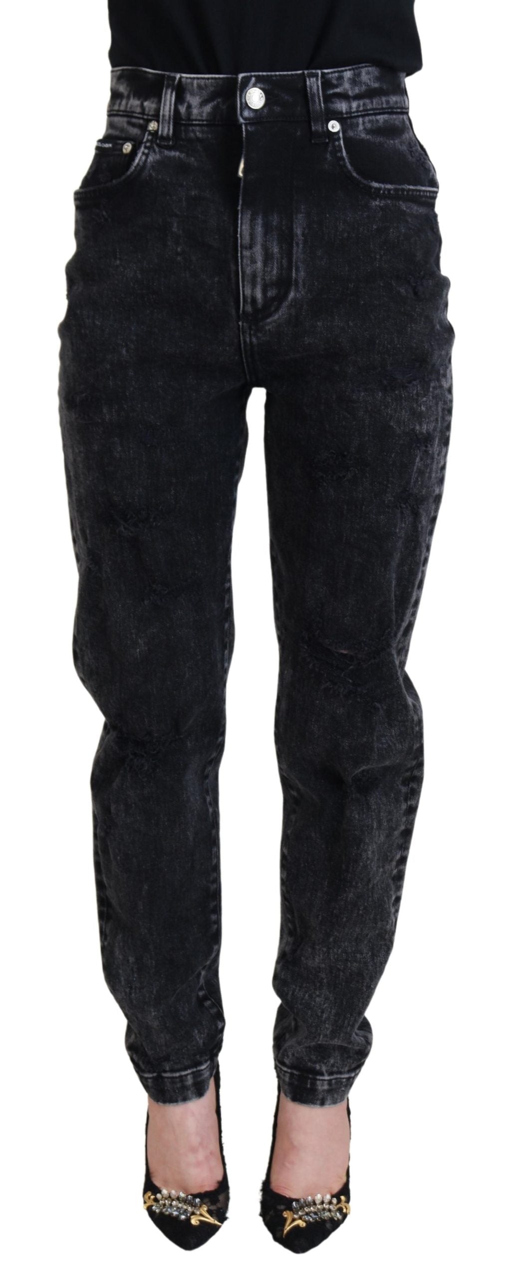 Black Washed Cotton High Waist Denim Jeans