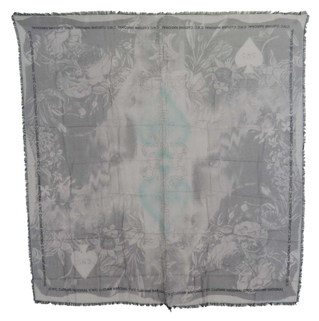 Gray Print Shawl Foulard Fringes Scarf