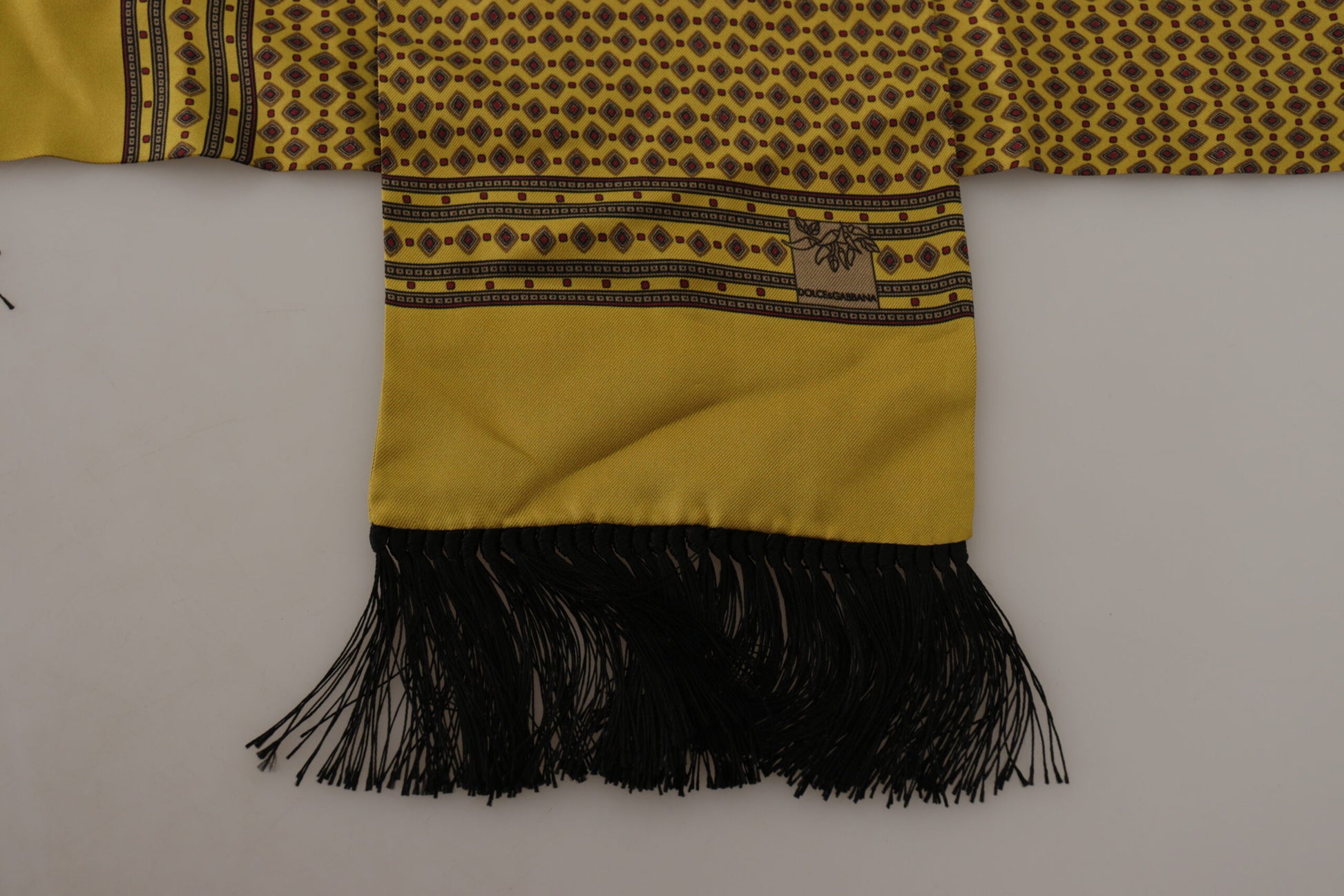 Yellow Patterned Silk Neck Wrap Fringe Scarf