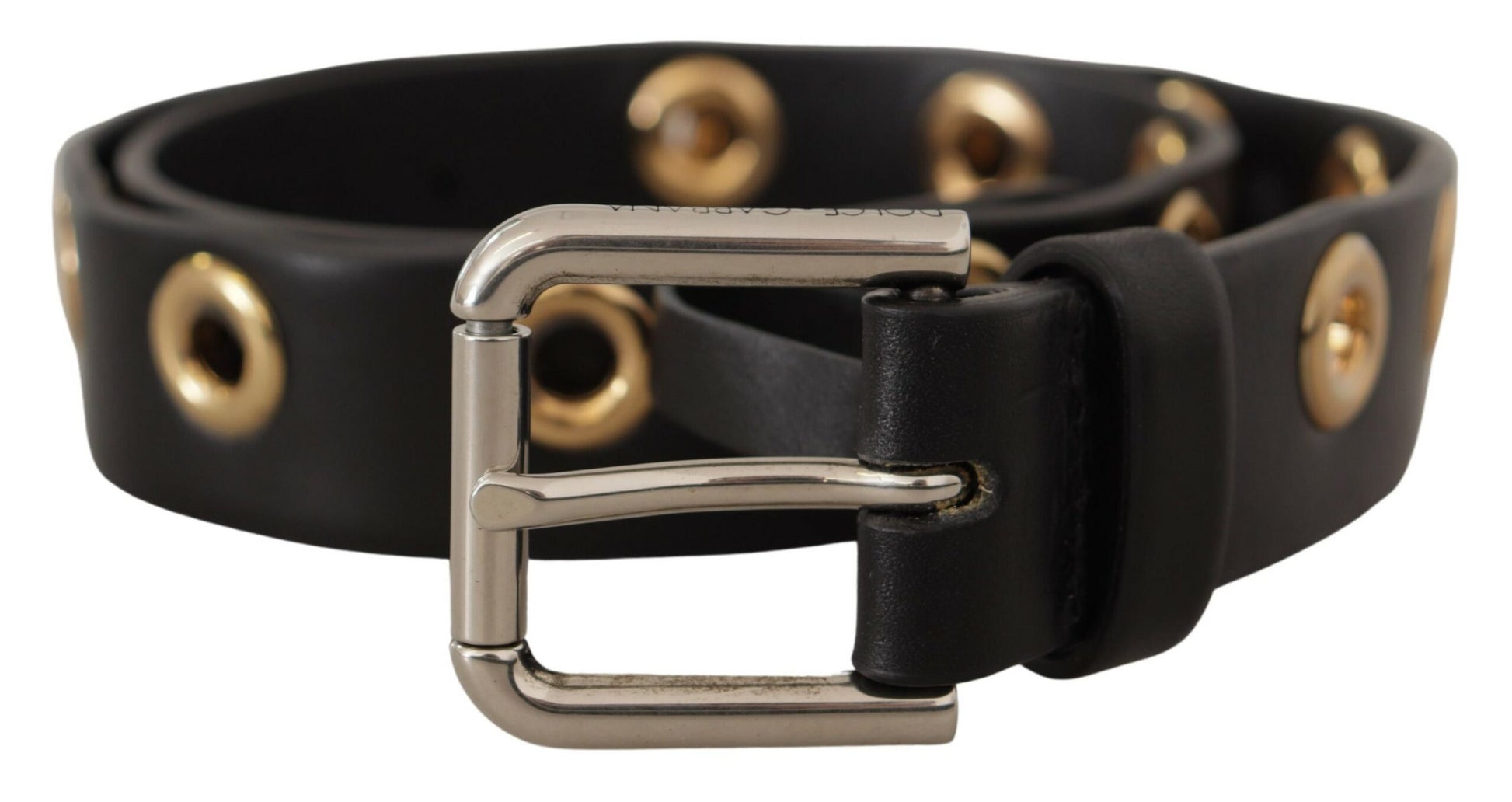 Black Leather Eyelet Silver Tone Metal Buckle Belt