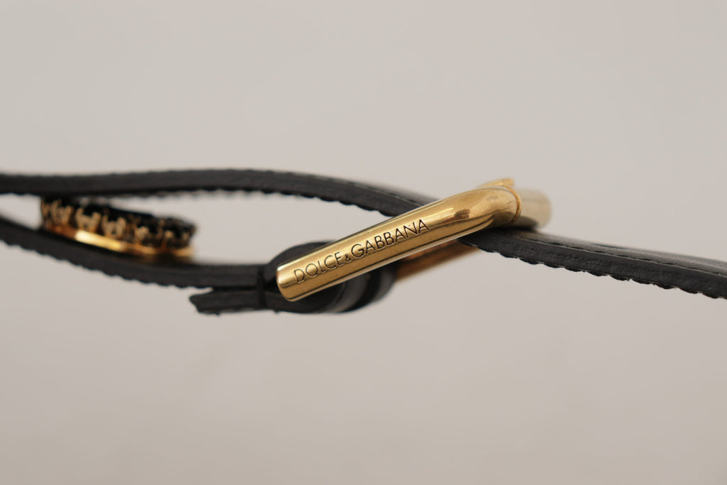 Black Leather Embellished Crystal Logo Belt