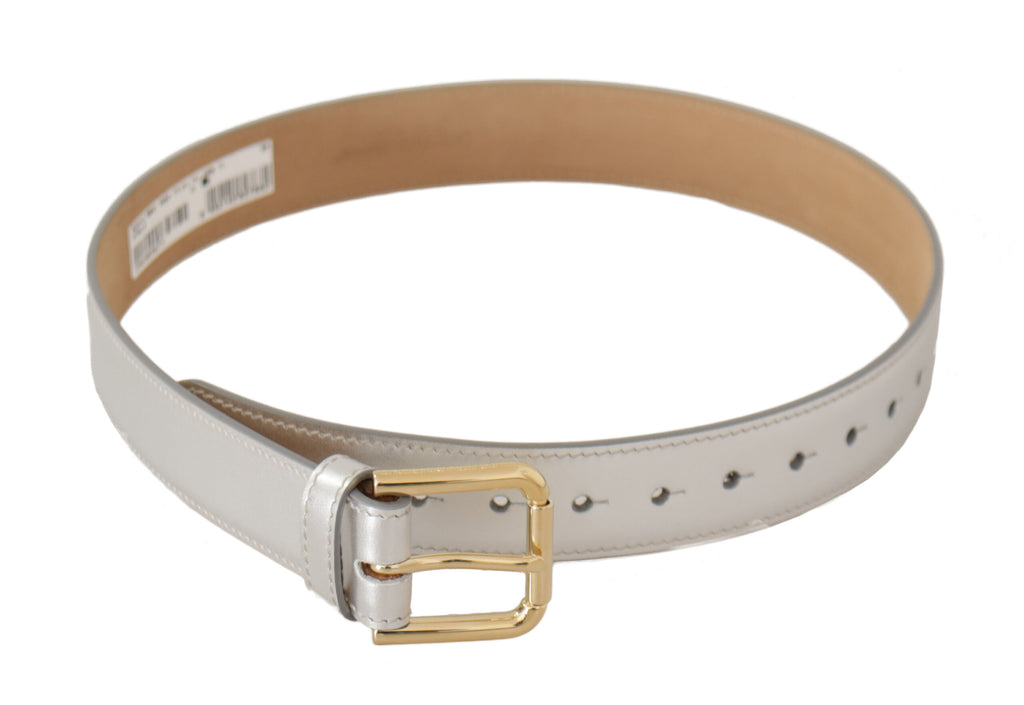 Silver Leather Gold Tone Logo Metal Buckle Belt