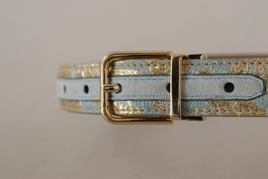 Blue Leather Jacquard Embossed Gold Metal Buckle Belt
