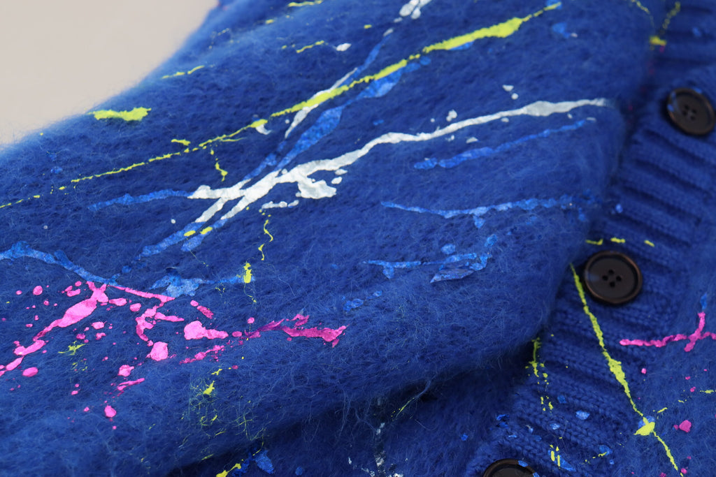Blue Color Splash Mohair Cardigan  Sweater