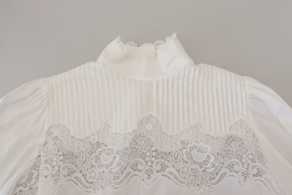 White Cotton Lace Trim Turtle Neck Blouse Top
