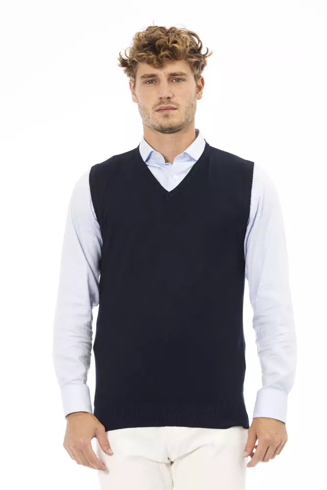 Blue Viscose Men's V-neck Vest