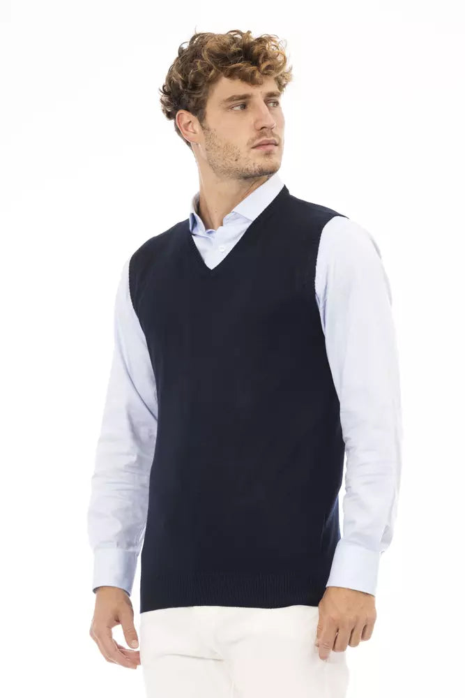 Blue Viscose Men's V-neck Vest