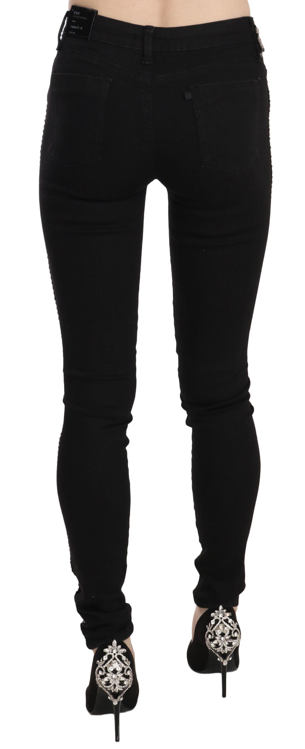 Black Embellished Mid Waist Skinny Denim Jeans