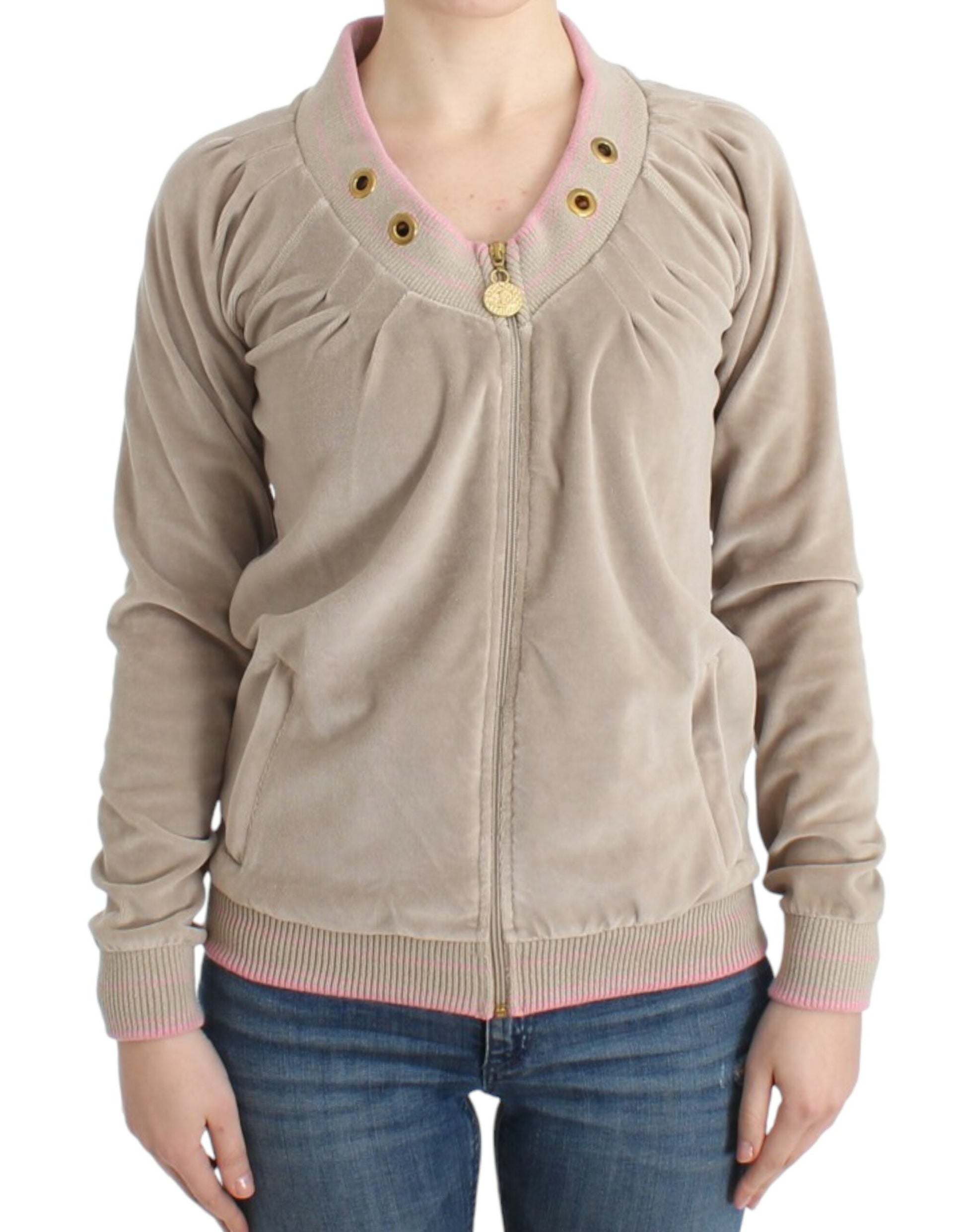 Beige velvet zipup sweater