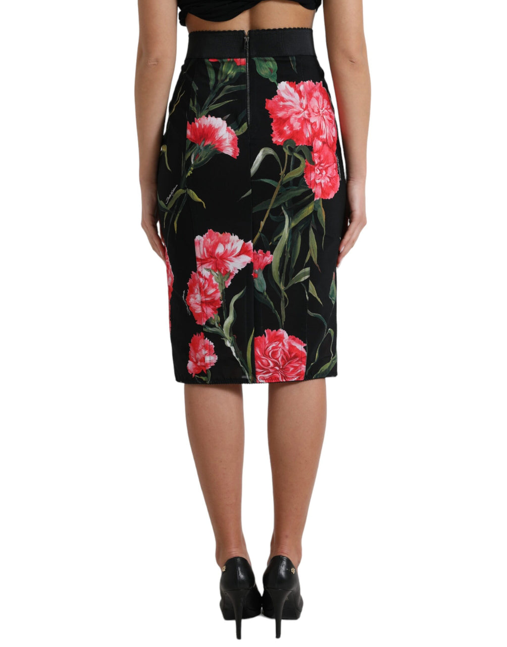 Black Carnation Pencil Cut Knee Length Skirt